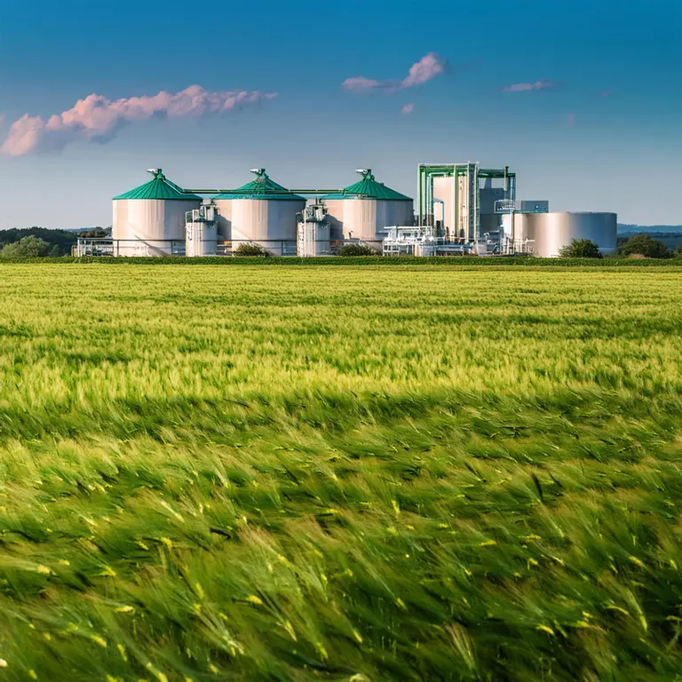 Usine de méthanisation avec un champ de blé au premier plan réalisé par ia